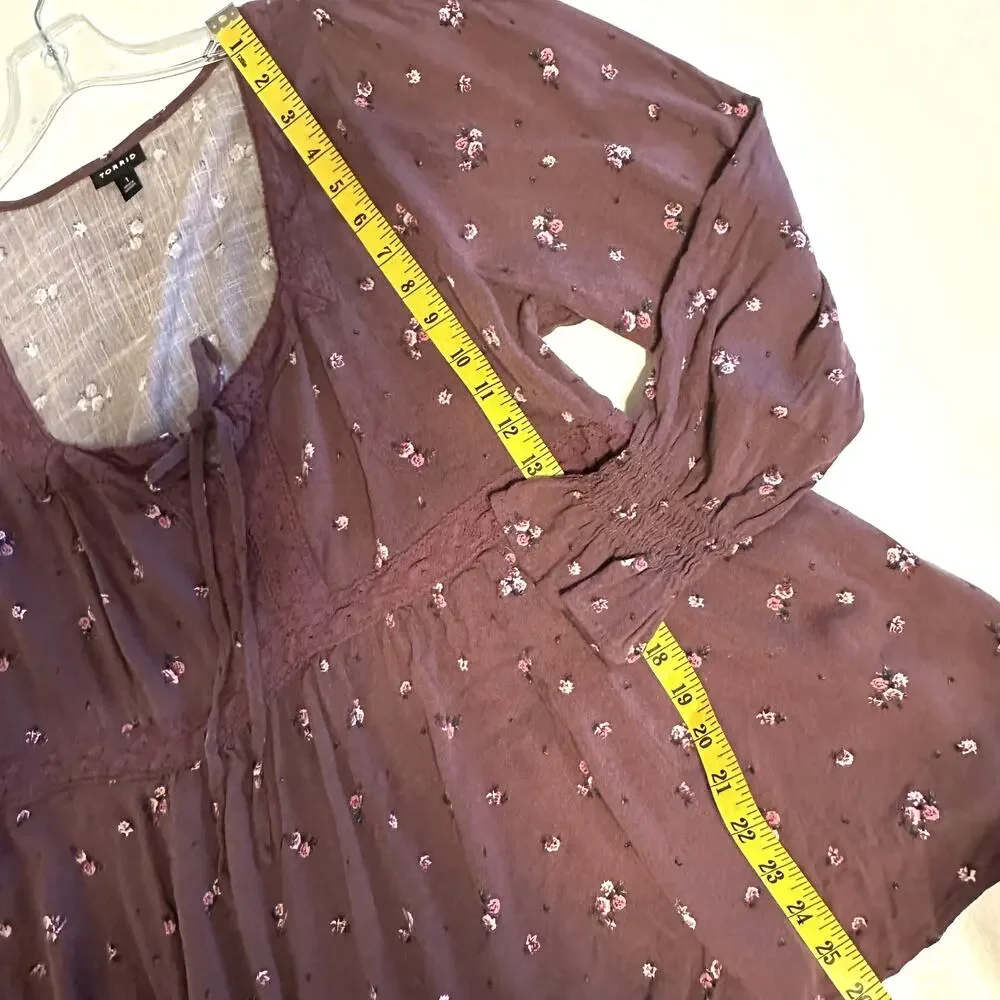 Torrid Babydoll Top Womens Size 1X Sassafras Ditsy Floral Rayon Slub Lace Trim - Picture 9 of 9
